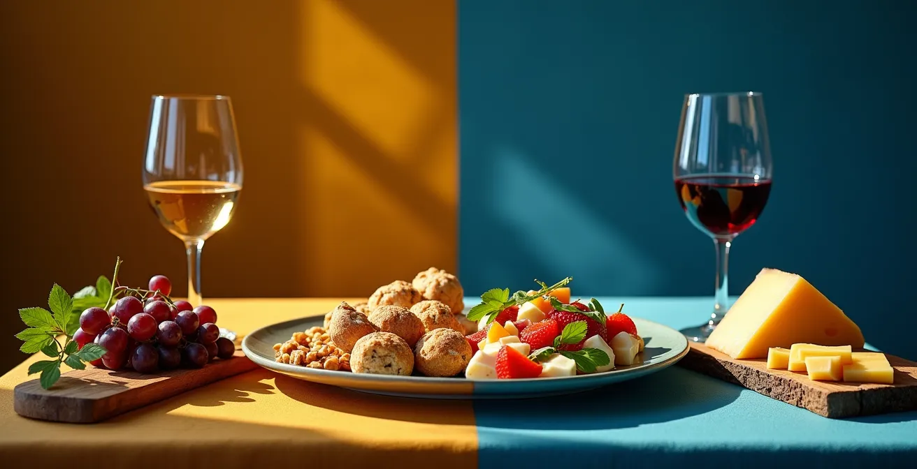 Présentation visuelle d'un accord mets-vins illustrant le contraste entre approche terroir et structure