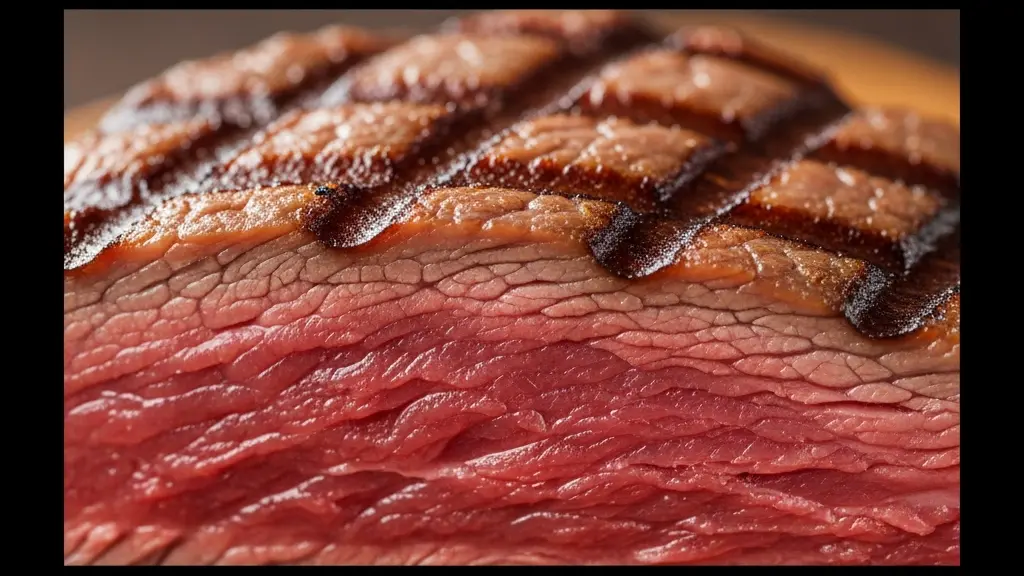 Macro détaillée d'une tranche de viande rouge grillée avec texture visible et gouttes de jus