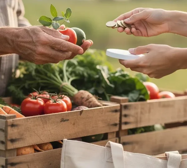 Une personne achète des légumes de saison en direct à un stand de producteur, avec un sac réutilisable et de la monnaie, dans une scène lumineuse et réaliste.