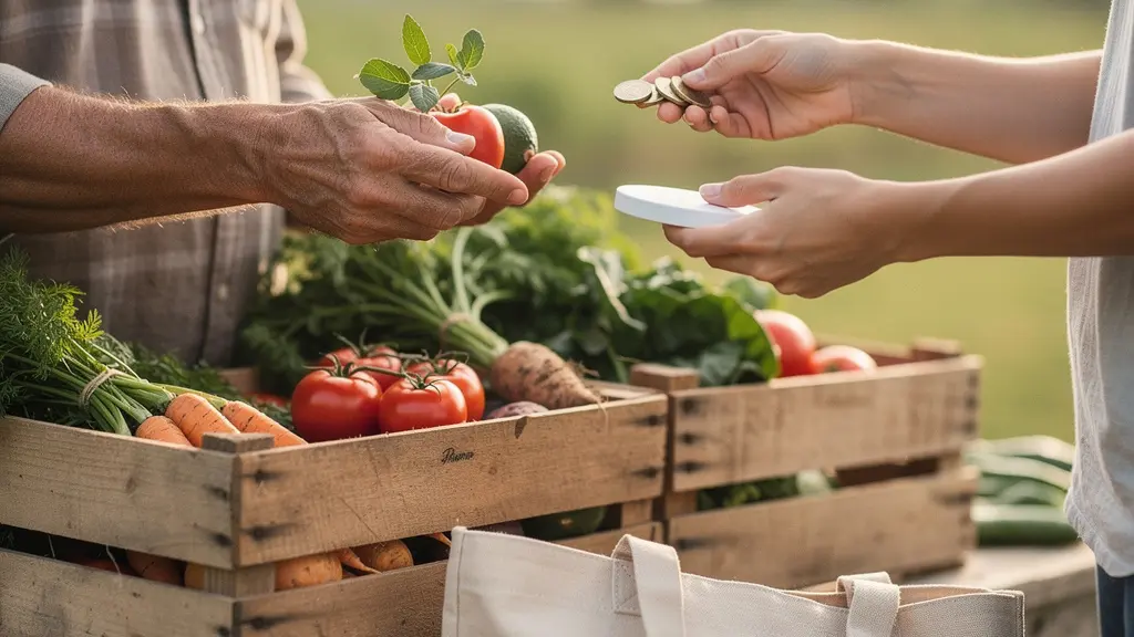 Une personne achète des légumes de saison en direct à un stand de producteur, avec un sac réutilisable et de la monnaie, dans une scène lumineuse et réaliste.