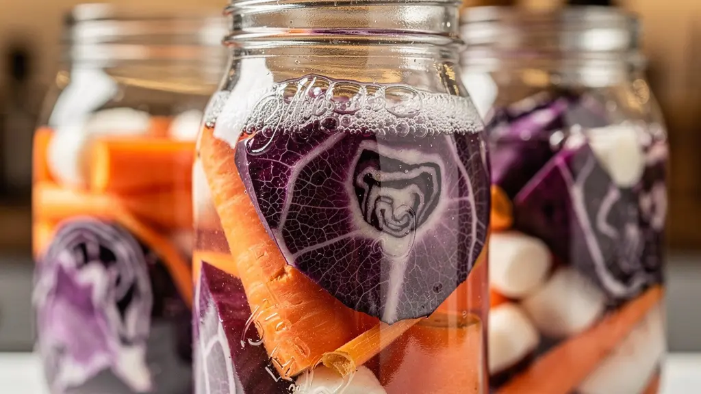 Bocaux de fermentation avec légumes colorés en processus de lacto-fermentation