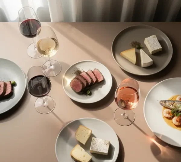 Vue aérienne d'une table élégante avec verres de vin rouge, blanc et rosé entourés d'assiettes gastronomiques dans une composition harmonieuse