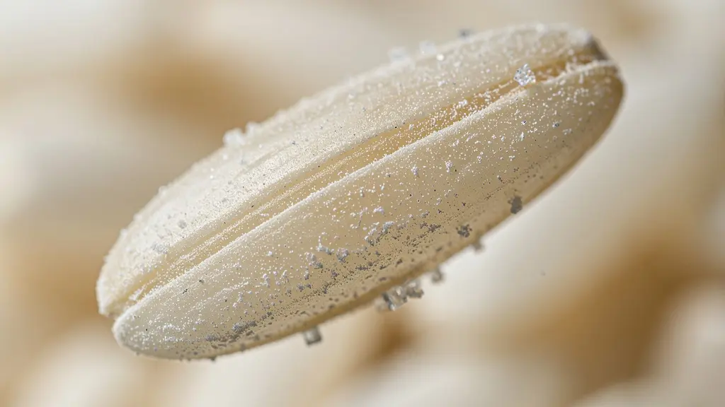 Vue macro d'un grain de riz Carnaroli avec détail de l'amidon visible en surface