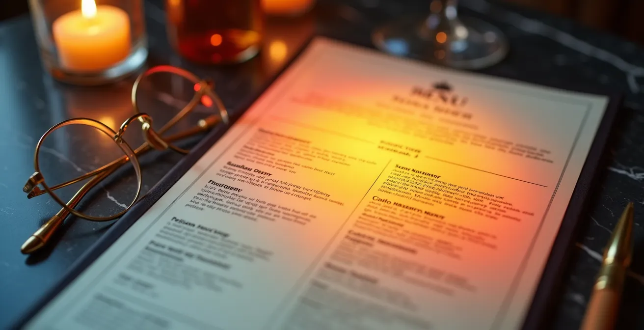 Gros plan sur une carte de restaurant avec des zones de chaleur colorées superposées montrant l'attention visuelle