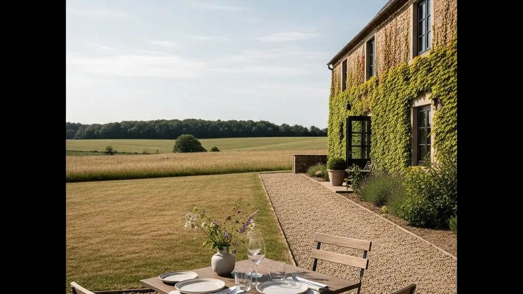 Auberge de campagne avec une terrasse et une table dressee, dans un paysage rural calme a l’ecart de la ville.