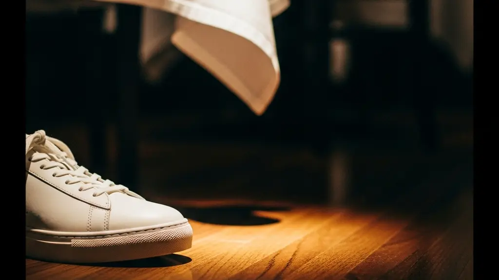 Gros plan sur des chaussures élégantes posées sur le sol d'un restaurant gastronomique avec reflets de lumière tamisée