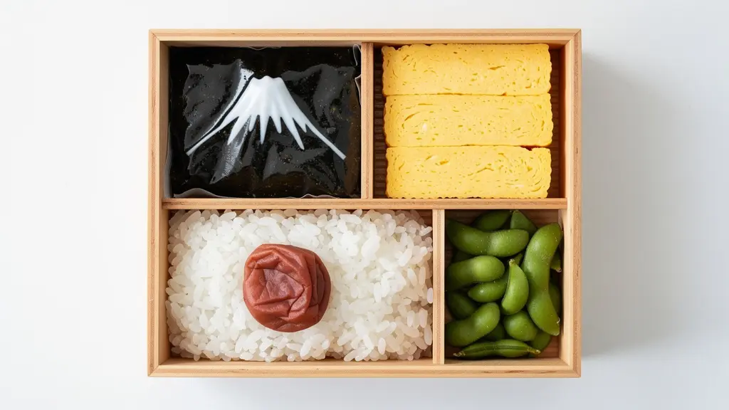 Vue aérienne d'un bento traditionnel montrant l'agencement parfait des cinq couleurs et textures