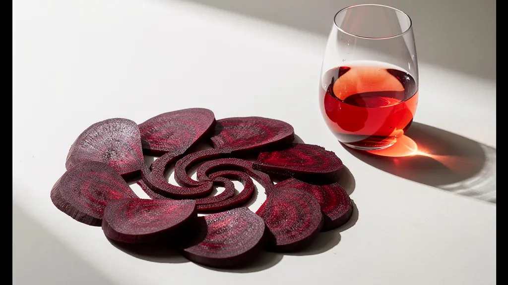 Composition minimaliste avec betteraves coupées révélant leur couleur pourpre intense à côté d'un verre de vin rouge léger