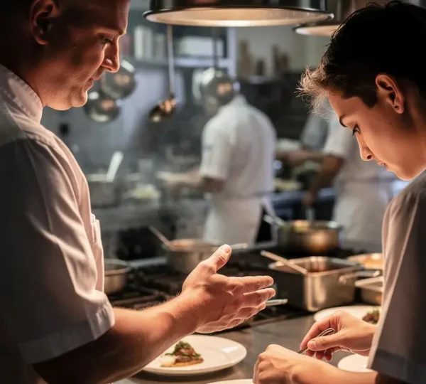 Chef cuisinier dirigeant une équipe en cuisine professionnelle lors du service