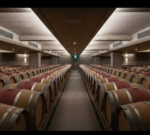 Vue architecturale d'un chai moderne avec barriques de chêne et systèmes de contrôle climatique