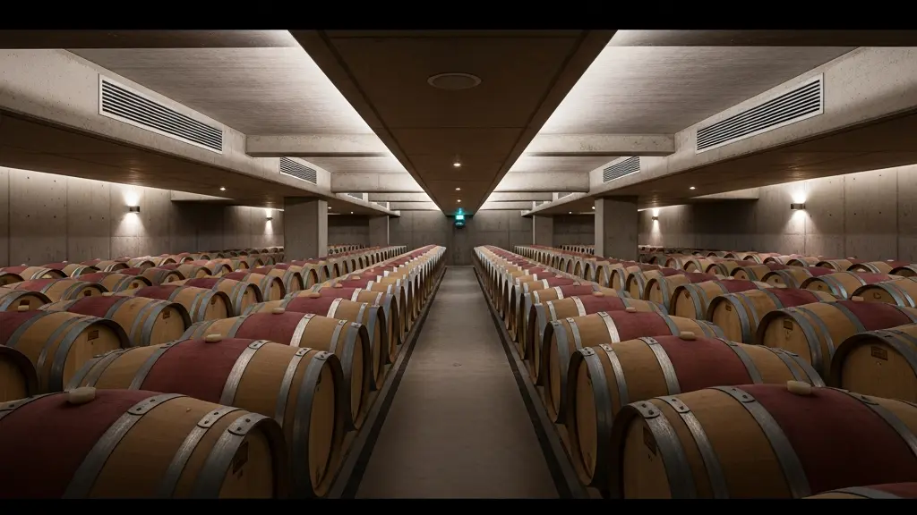 Vue architecturale d'un chai moderne avec barriques de chêne et systèmes de contrôle climatique