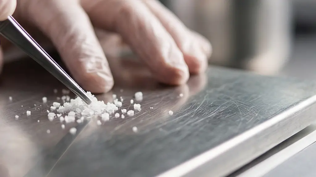 Gros plan sur les mains d'un chef utilisant une balance de précision dans un laboratoire culinaire