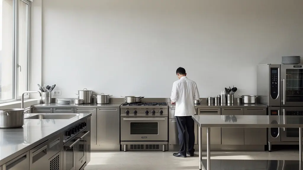 Chef cuisinier travaillant seul dans une cuisine épurée symbolisant la liberté créative