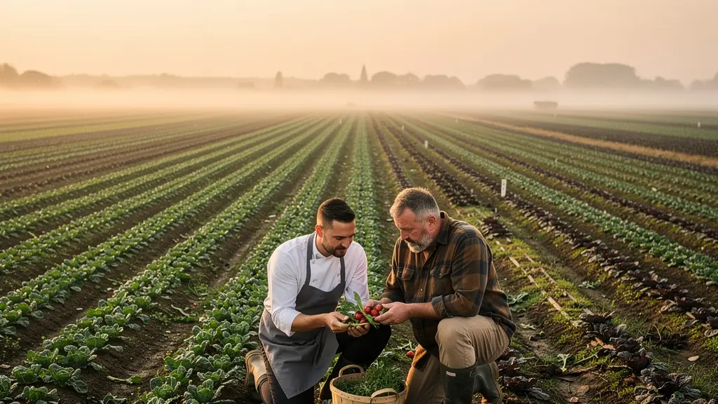 Chef et maraîcher sélectionnant ensemble des légumes dans un champ au lever du soleil