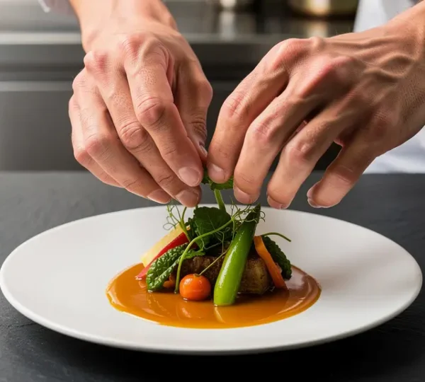 Chef en cuisine professionnelle réalisant un dressage minutieux d'assiette gastronomique