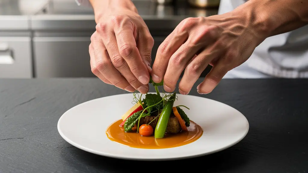 Chef en cuisine professionnelle réalisant un dressage minutieux d'assiette gastronomique