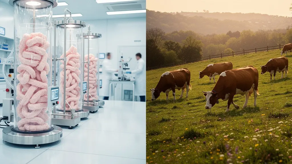 Comparaison visuelle entre viande cultivée en laboratoire et bœuf traditionnel de pâturage