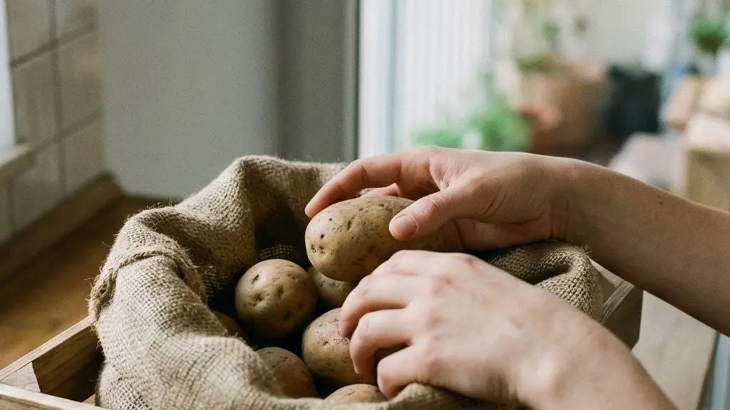 Une personne range des pommes de terre dans un sac en toile de jute dans une cuisine d'appartement, loin d'une source de chaleur et à l'abri de la lumière.