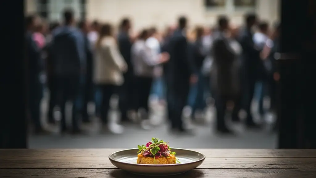 Composition symbolique montrant une longue file d'attente floue en arrière-plan contrastant avec une assiette unique, nette et isolée au premier plan, évoquant la solitude du choix qualitatif.