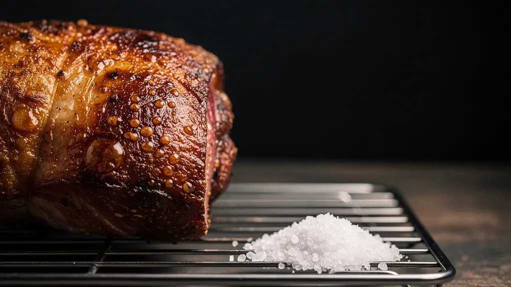 Nature morte editorial d'un roti avec une croute doree, illustrant le brunissement de surface sans texte ni emballage.