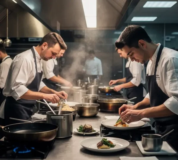 Brigade de cuisine professionnelle en plein service dans un restaurant gastronomique
