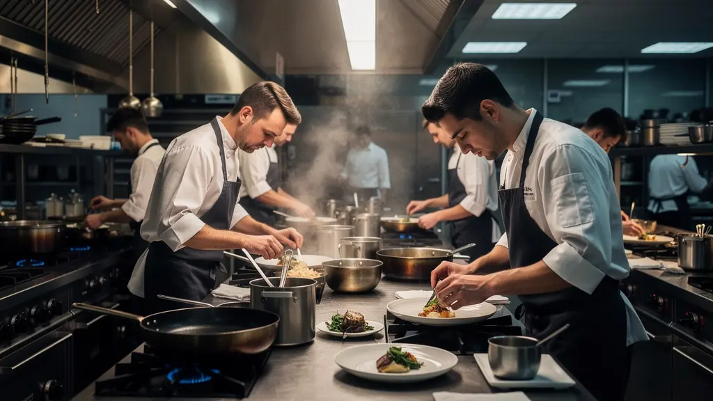 Brigade de cuisine professionnelle en plein service dans un restaurant gastronomique