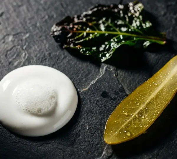 Photographie éditoriale montrant une assiette gastronomique déconstruite avec une séparation artistique des éléments gras, acides et amers, style magazine culinaire haut de gamme.