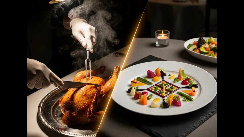 Mains expertes découpant une pièce de viande en salle dans un restaurant gastronomique sous un éclairage dramatique