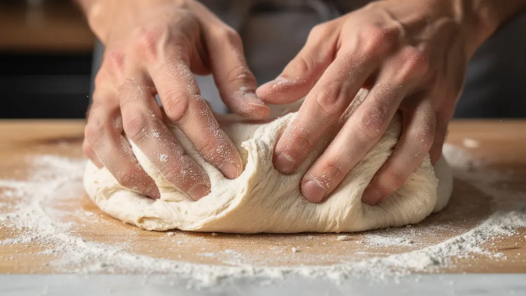 Plan macro sur les mains d'un artisan cuisinier travaillant une pâte fraîche sur un plan de travail fariné, mettant en avant la texture et le geste manuel.