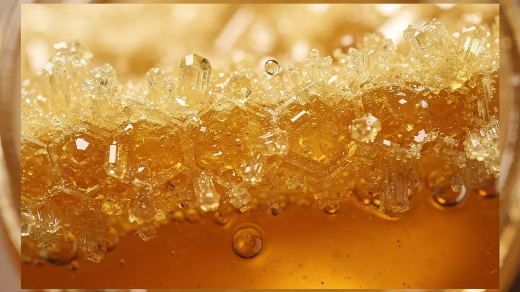 Gros plan macro sur la cristallisation naturelle d'un miel artisanal dans un pot