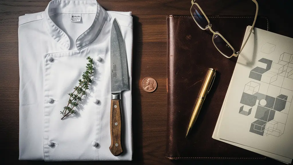 Veste de chef blanche posée à côté de documents financiers et ustensiles de cuisine, symbolisant la double identité du chef-entrepreneur