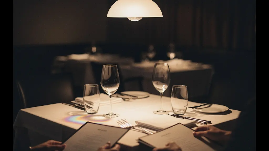 Éclairage focalisé sur une table de restaurant avec jeu d'ombres douces et température de couleur chaude