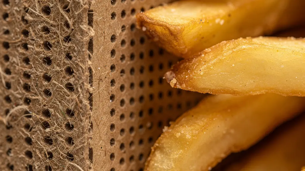 Vue macro d'un emballage alimentaire avec système de ventilation montrant des frites dorées