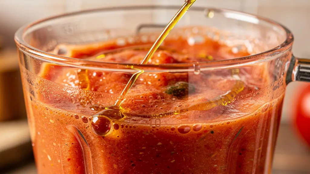 Filet d'huile d'olive dorée versé dans un gaspacho rouge vibrant en plein mixage