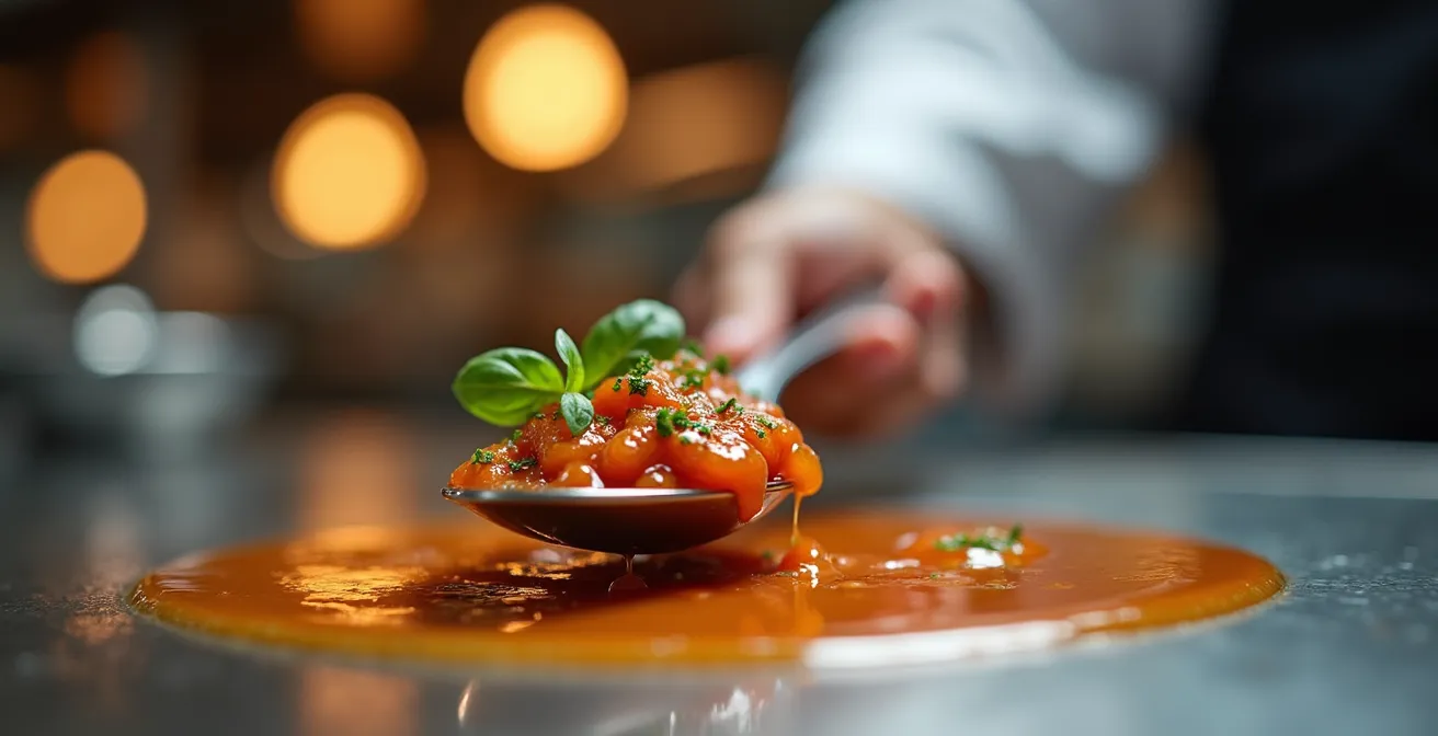 Vue macro d'une cuillère de dégustation avec une sauce colorée et des herbes fraîches en arrière-plan flou