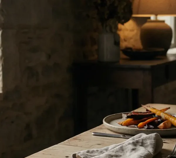 Table dressée dans une auberge de campagne avec des plats du terroir et une bouteille de vin, lumière chaude automnale filtrant par la fenêtre