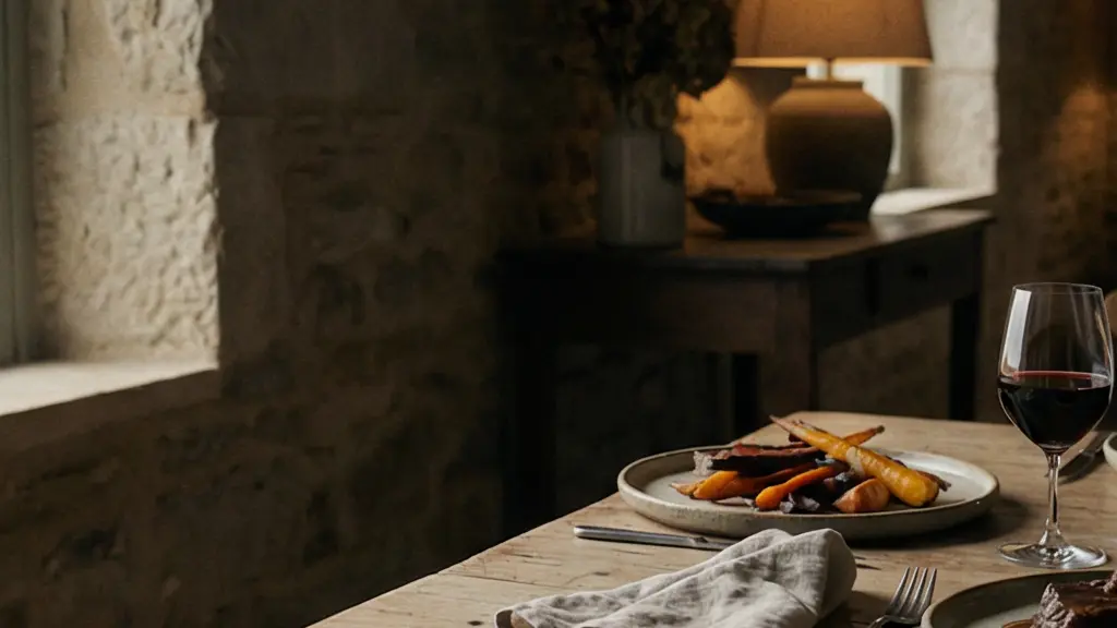 Table dressée dans une auberge de campagne avec des plats du terroir et une bouteille de vin, lumière chaude automnale filtrant par la fenêtre