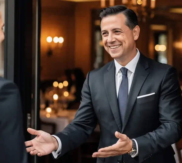 Serveur professionnel accueillant des clients dans un restaurant élégant avec sourire chaleureux et posture professionnelle
