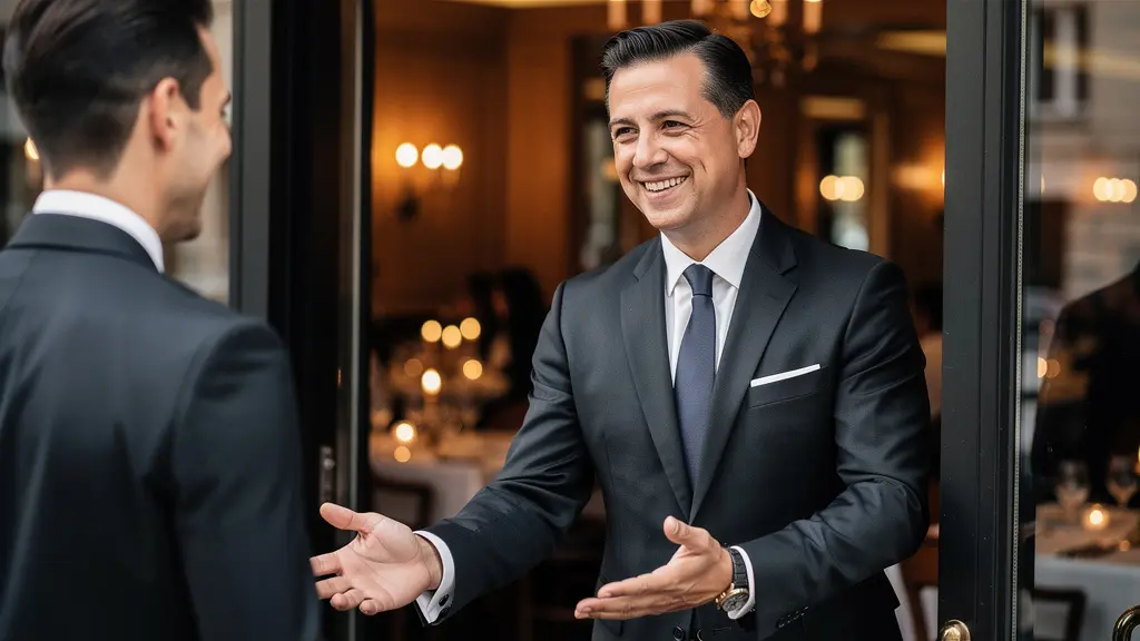 Serveur professionnel accueillant des clients dans un restaurant élégant avec sourire chaleureux et posture professionnelle