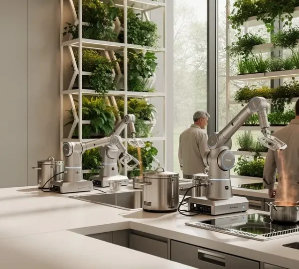 Vue futuriste d'une cuisine innovante mêlant technologie et tradition, avec impression 3D et ingrédients durables