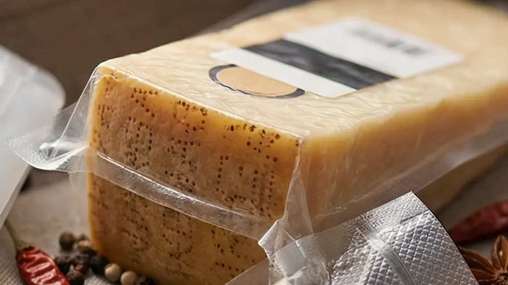 Gros plan de produits alimentaires sous vide (fromage et epices) ranges dans une valise, sans etiquette lisible.