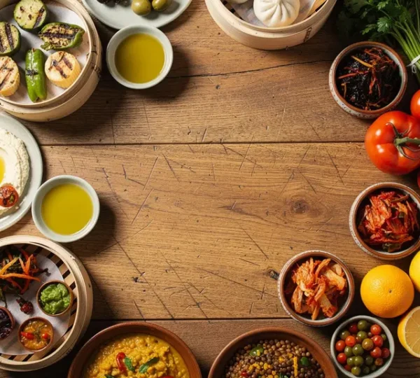 Table multiculturelle avec plats traditionnels du monde entier dans un environnement lumineux et chaleureux