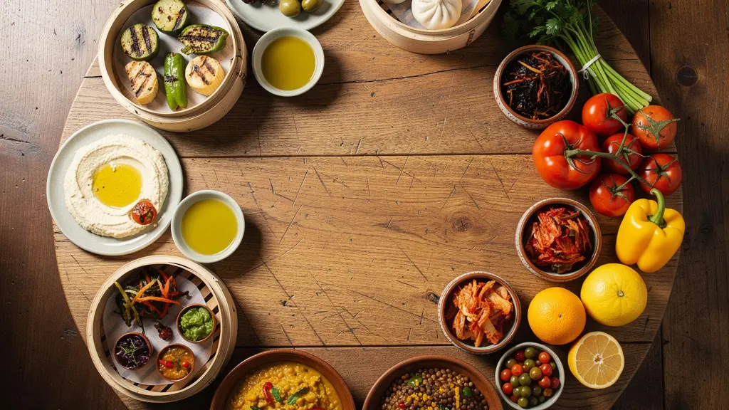 Table multiculturelle avec plats traditionnels du monde entier dans un environnement lumineux et chaleureux