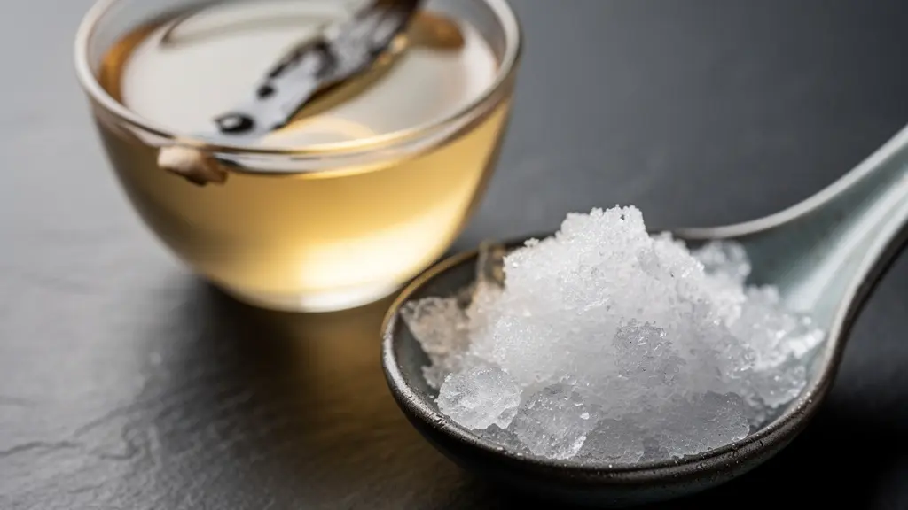 Gros plan macro d'un granité très fin à côté d'un petit bol de bouillon clair, évoquant une pause qui rafraîchit le palais.