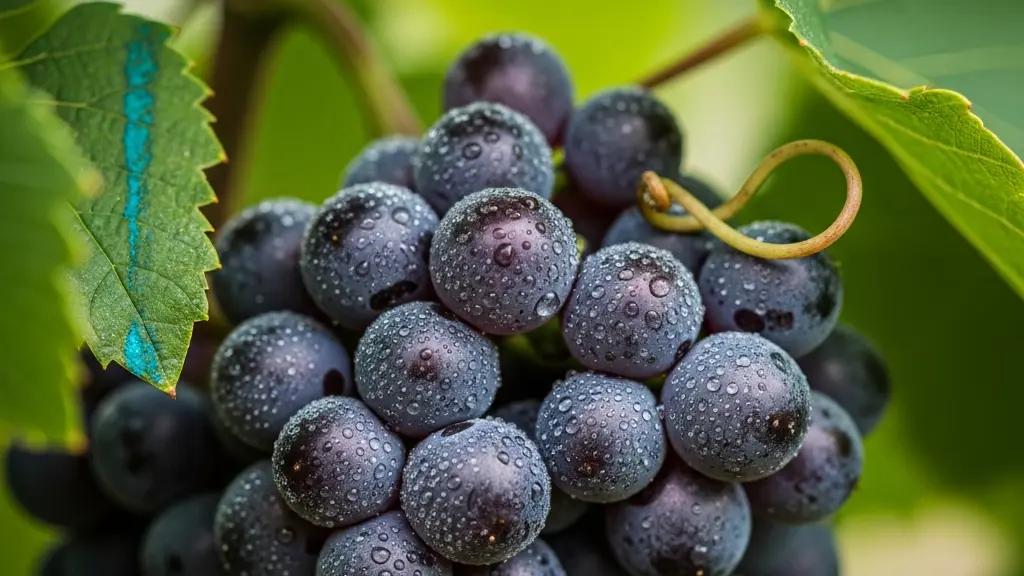 Gros plan macro sur des grappes de raisin biologique couvertes de rosée, révélant la texture de la peau du fruit et les traces naturelles de cuivre