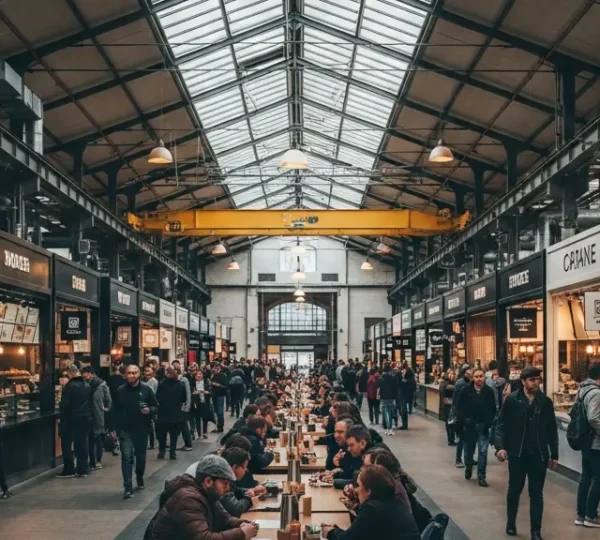 Vue d'ensemble immersive d'une halle gourmande moderne avec des stands de restauration variés, une architecture industrielle lumineuse et des clients attablés, sans texte visible.