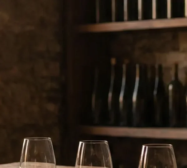 Dégustation de vin dans une atmosphère intimiste avec verres à la lumière dorée