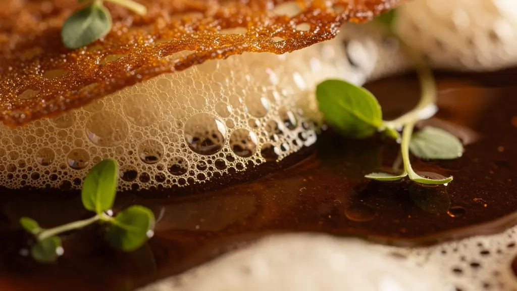 Vue macro d'un plat de haute gastronomie montrant les textures et détails sans éléments lisibles
