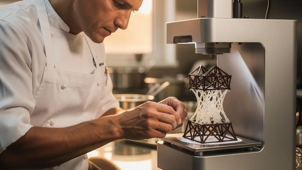 Chef étoilé travaillant avec une imprimante 3D alimentaire en cuisine gastronomique