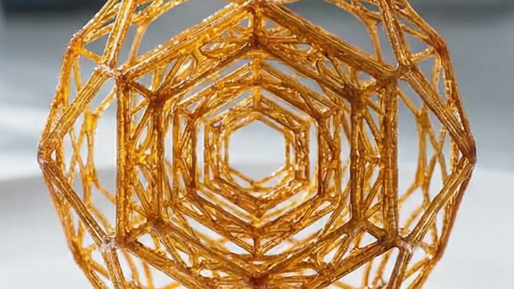 Structure géométrique alimentaire complexe créée par impression 3D sur une assiette gastronomique